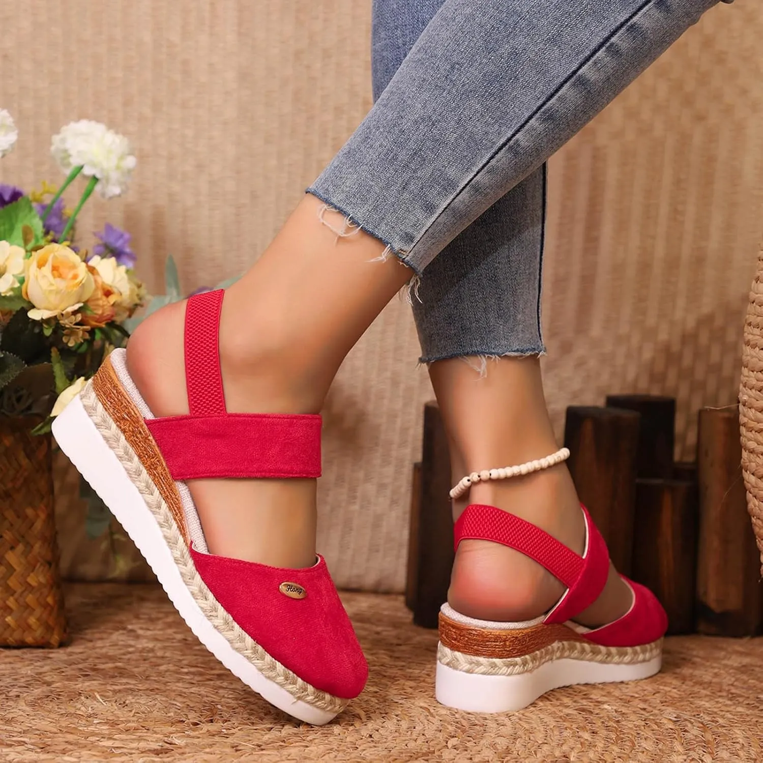 Platform Sandals Women Braided Wedge Platform Sandals Fish Mouth Heels Casual Elastic Ankle Strap Dress Flats Slides