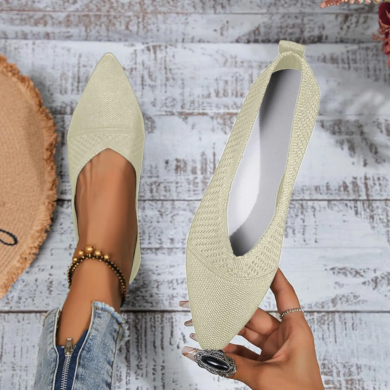 Pointed Toe Flats for Women Wide Width Women's Casual Flats Slip On Shoes Comfortable Flat Shoes for Work,Travel