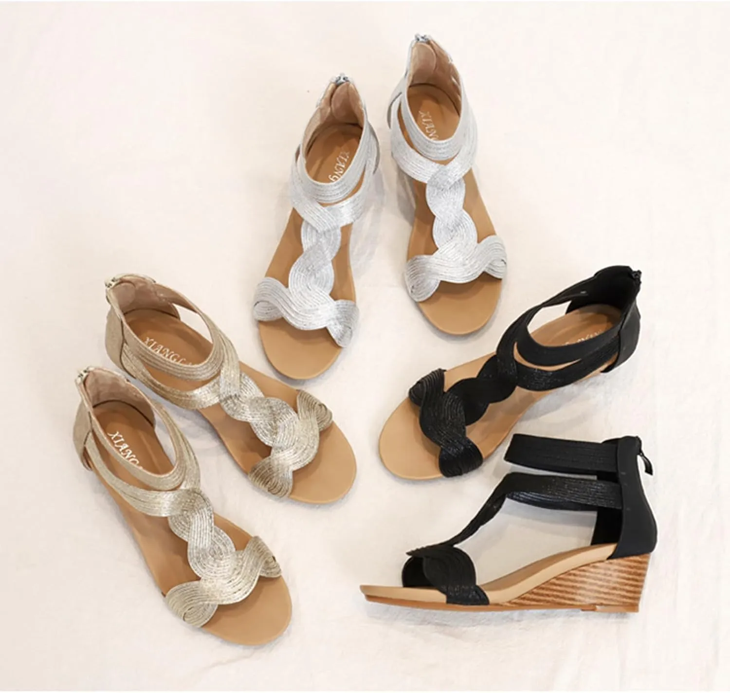 Sandals Women Slides Gladiator Wedge Heel Sandals Open Toe Cut Out Zipper Back Platform Sandal Lightweight Casual Non Slip Walking Shoes Elegant Footwear for Walking Vacation
