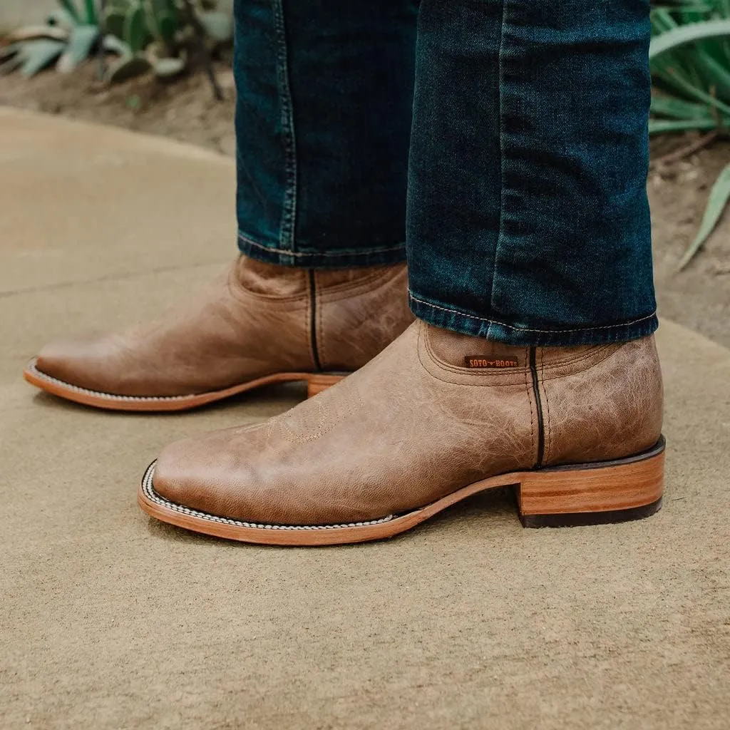 Soto Boots Mens Classic West Tan Broad Square Toe Cowboy Boots, Genuine Leather Men's Cowboy Boots, Tan Western Boots For Men H50056