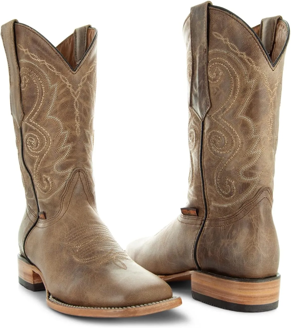 Soto Boots Mens Classic West Tan Broad Square Toe Cowboy Boots, Genuine Leather Men's Cowboy Boots, Tan Western Boots For Men H50056
