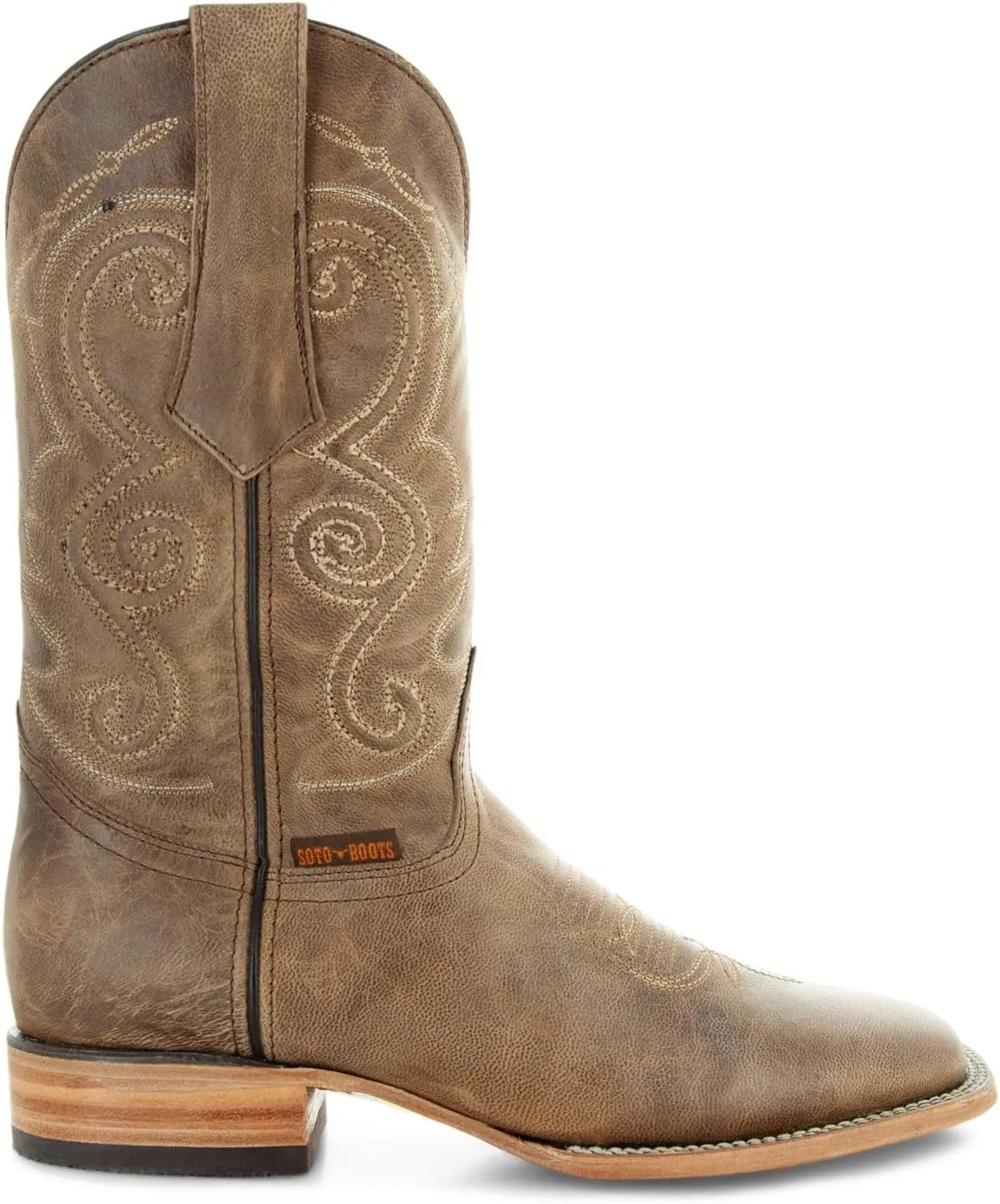Soto Boots Mens Classic West Tan Broad Square Toe Cowboy Boots, Genuine Leather Men's Cowboy Boots, Tan Western Boots For Men H50056