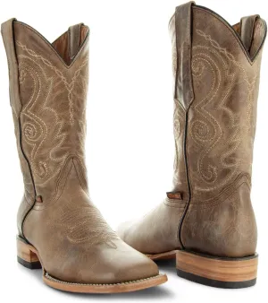 Soto Boots Mens Classic West Tan Broad Square Toe Cowboy Boots, Genuine Leather Men's Cowboy Boots, Tan Western Boots For Men H50056