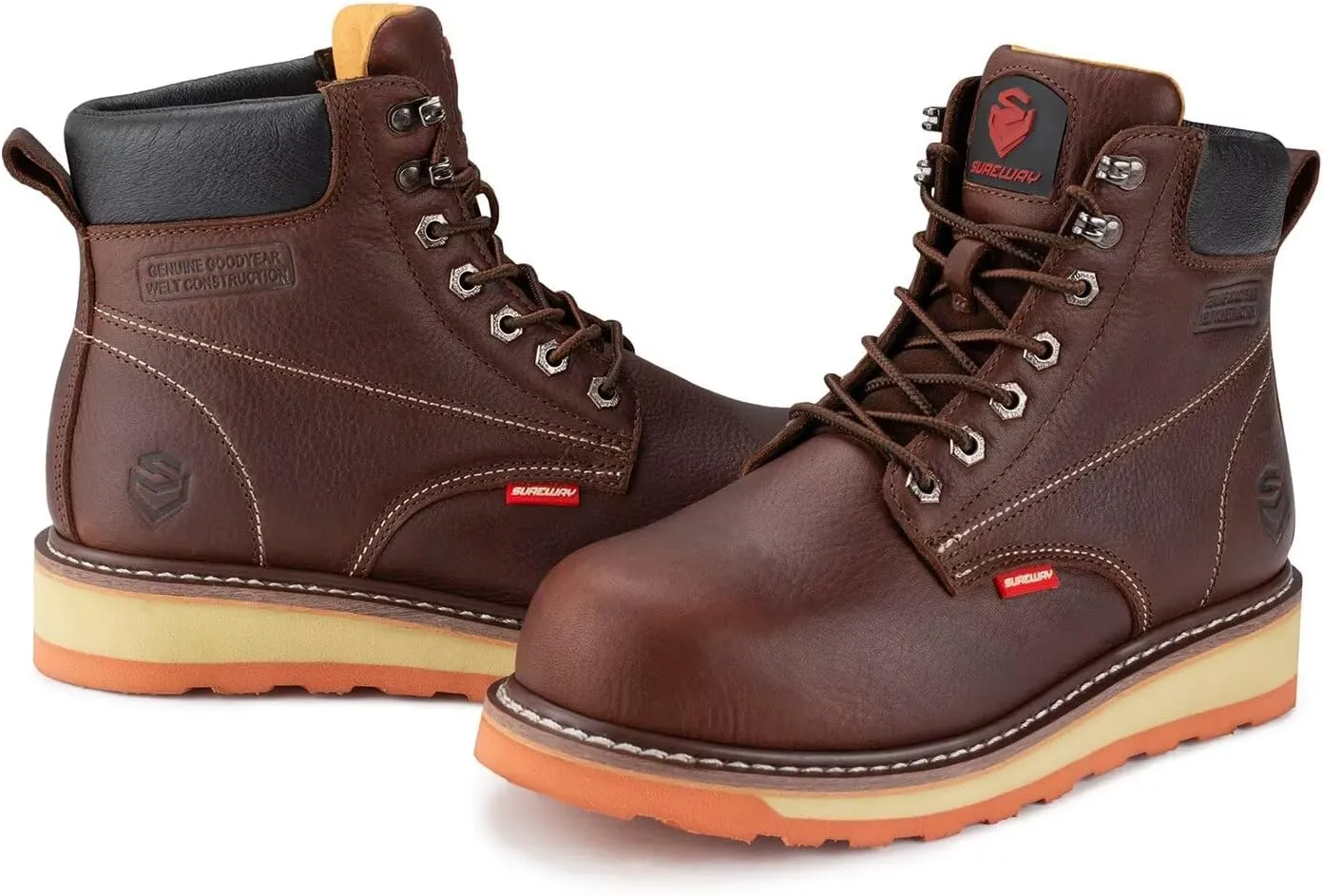 SUREWAY 6 Mens Heavy Duty Soft/Steel Toe Work Boots for Men,Goodyear Welt,Extremely Comfortable Durable Proved,Oil/Slip Resistant,Thicker Leather,Wedge Sole,EH Safety Industrial Construction Boots