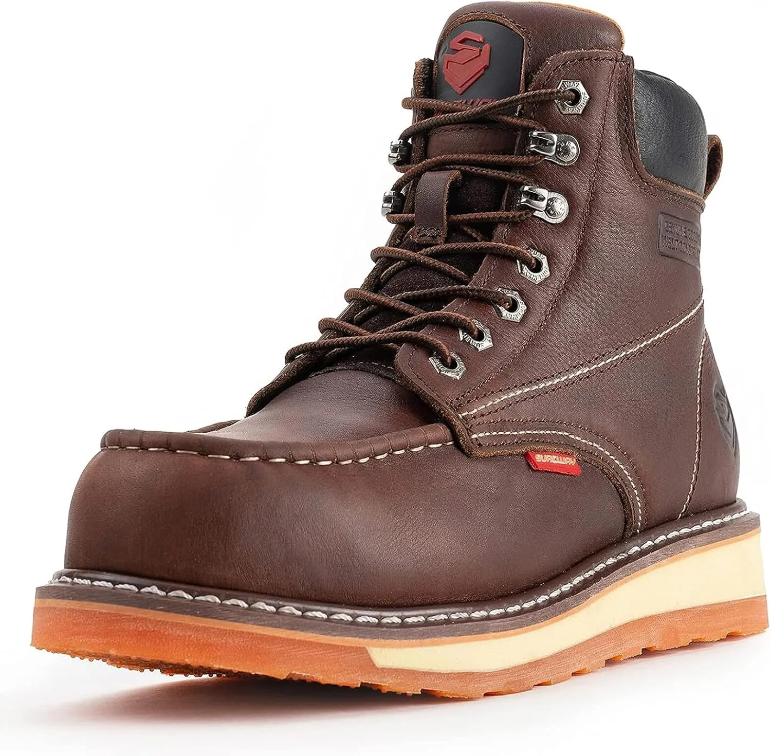 SUREWAY Mens Heavy Duty Soft/Composite/Steel Toe Work Boots for Men-Comfortable,Goodyear Welt,Full Grain Leather,6 in Wedge Moc Toe Construction Boots/Shoes,Waterproof Soft Toe Dark Brown,Size 7