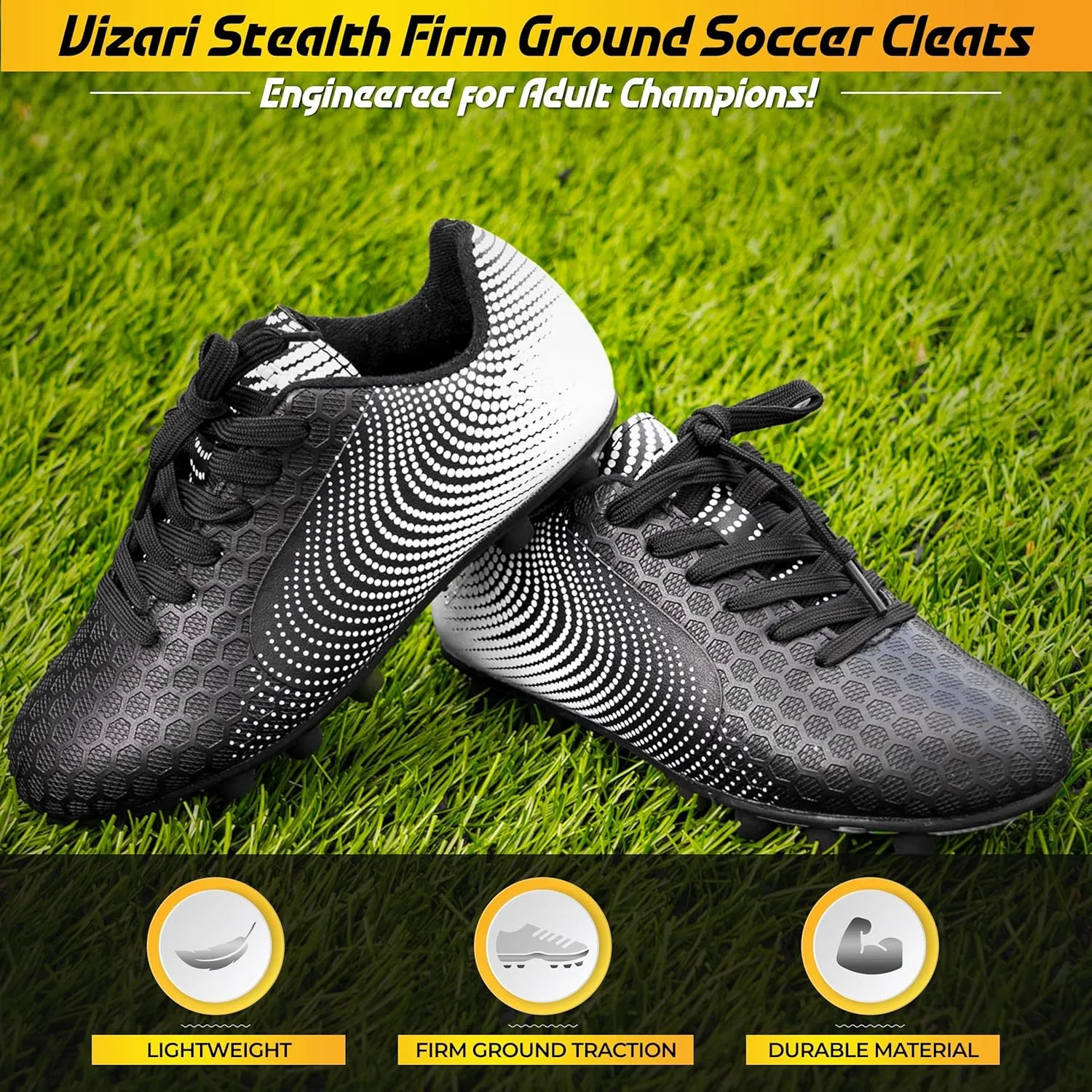 Vizari Stealth Firm Ground Soccer Cleats for Men & Women | Black Adult Football Shoes with Rubber Studs and Durable Synthetic Upper, Size - 6.5-13 (Unisex)