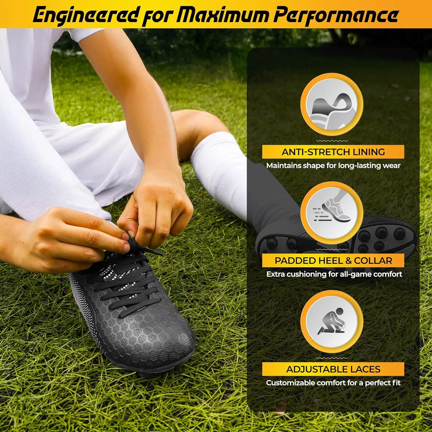 Vizari Stealth Firm Ground Soccer Cleats for Men & Women | Black Adult Football Shoes with Rubber Studs and Durable Synthetic Upper, Size - 6.5-13 (Unisex)