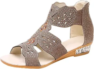 Wedge Sandals for Women Open Toe Low Heels Ankle Buckle Sandal Slip On Walking Shoes Hollow Out Roman Sandals Casual Beach Shoes Lightweight Breathable Crystal Footwear Zip Up Wedges