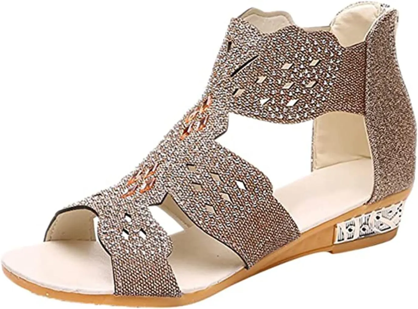Wedge Sandals for Women Open Toe Low Heels Ankle Buckle Sandal Slip On Walking Shoes Hollow Out Roman Sandals Casual Beach Shoes Lightweight Breathable Crystal Footwear Zip Up Wedges