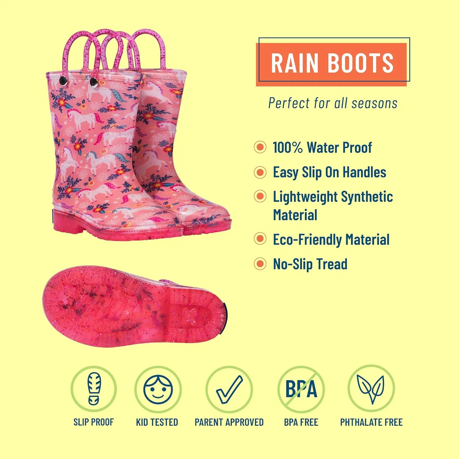 Wildkin Kids Rain Boots  100% Waterproof with Slip-Resistant Tread & Easy Pull Handles