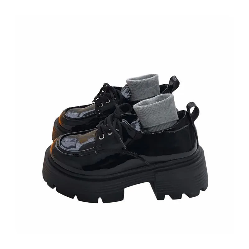 Women's Black Chunky Heel Raise The Bottom Versatile Leather Shoes
