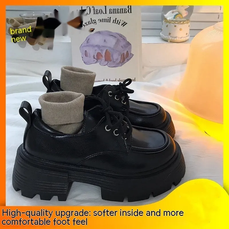 Women's Black Chunky Heel Raise The Bottom Versatile Leather Shoes
