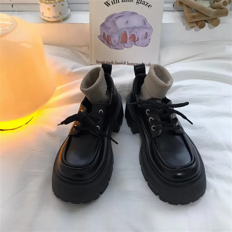 Women's Black Chunky Heel Raise The Bottom Versatile Leather Shoes