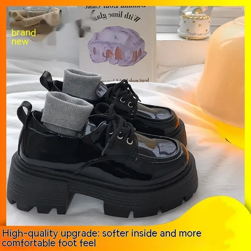 Women's Black Chunky Heel Raise The Bottom Versatile Leather Shoes