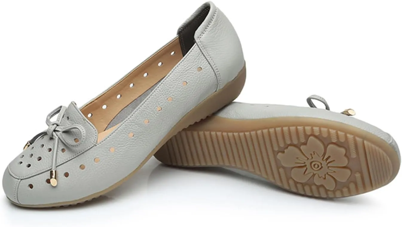 Women's Bow-Knot Hollow Flat Soft Leather Loafers,Fashion Breathable Spring and Summer Round Toe Slip On Casual Walking Shoes Nurse Flats Shoes