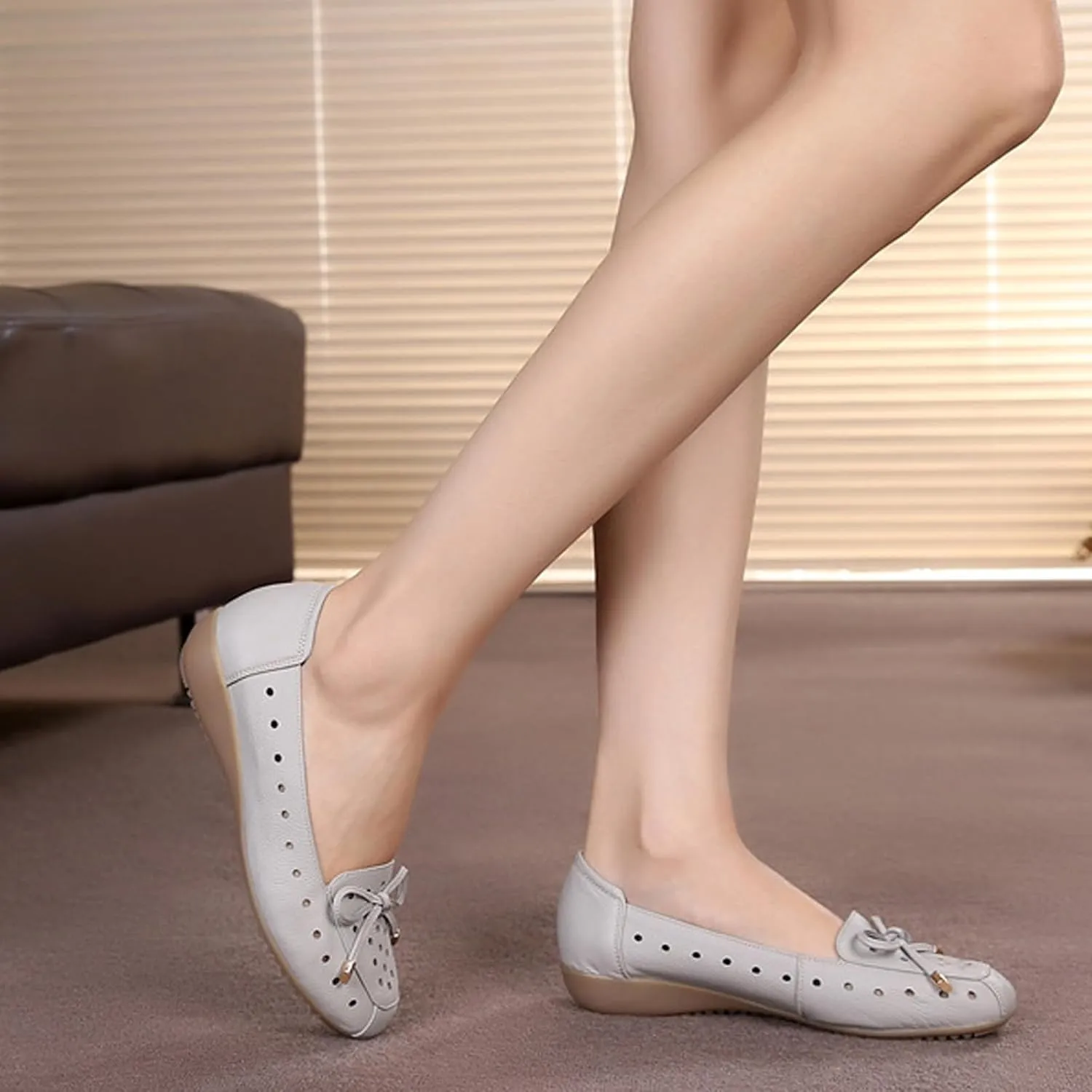 Women's Bow-Knot Hollow Flat Soft Leather Loafers,Fashion Breathable Spring and Summer Round Toe Slip On Casual Walking Shoes Nurse Flats Shoes
