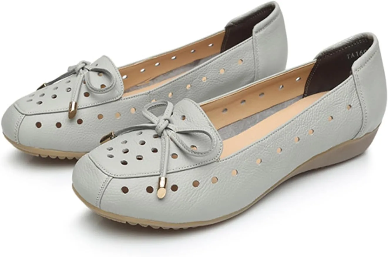 Women's Bow-Knot Hollow Flat Soft Leather Loafers,Fashion Breathable Spring and Summer Round Toe Slip On Casual Walking Shoes Nurse Flats Shoes