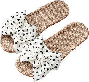 Womens Cozy Indoor Linen Home Slippers Non-Slip Woven Summer Open Toe Bow Sandal Beach Casual Lightweight Breathable Sandals Comfortable Comfort Wedding Vacation Travel Outdoor Slipper