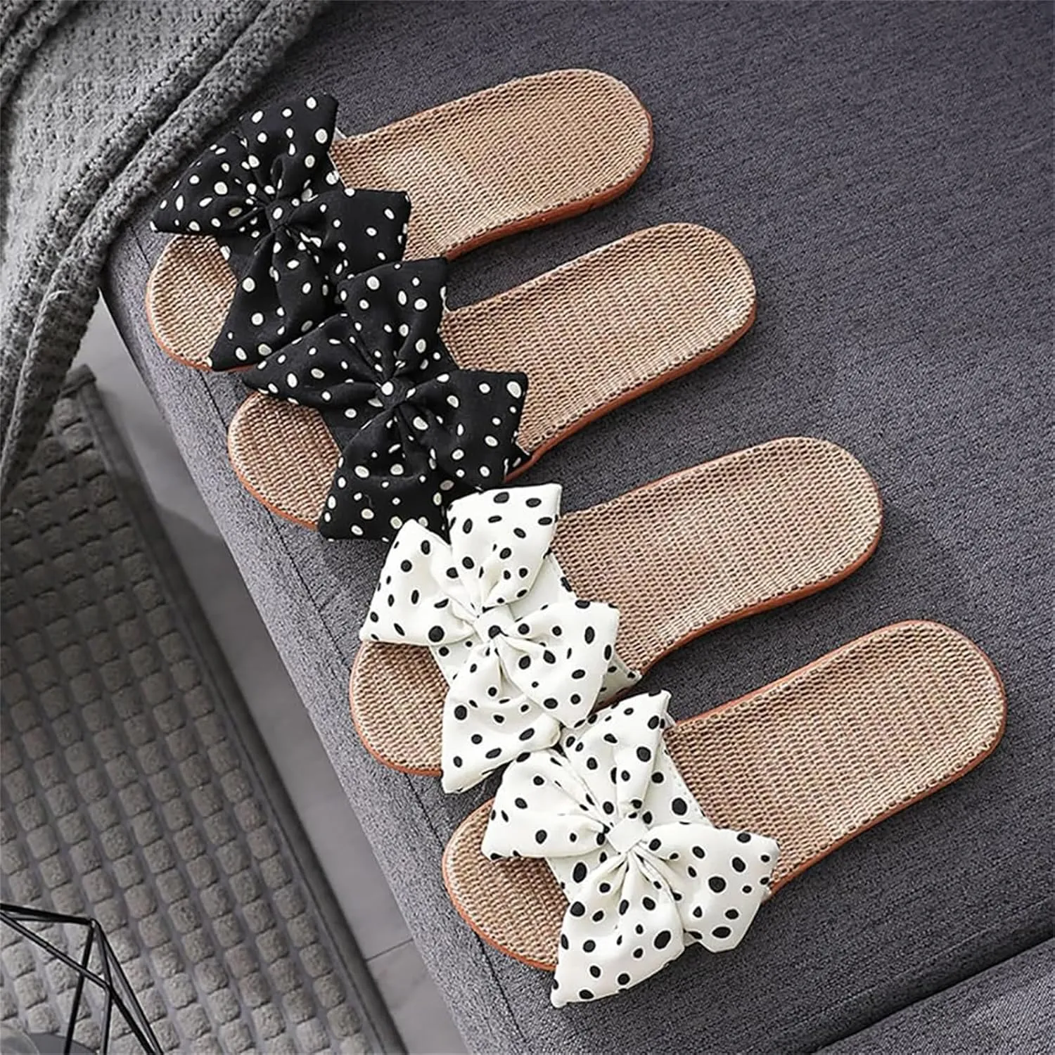 Womens Cozy Indoor Linen Home Slippers Non-Slip Woven Summer Open Toe Bow Sandal Beach Casual Lightweight Breathable Sandals Comfortable Comfort Wedding Vacation Travel Outdoor Slipper