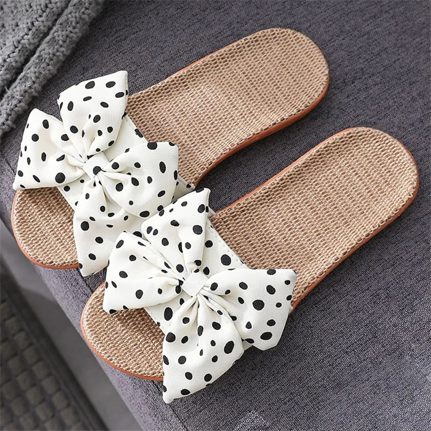 Womens Cozy Indoor Linen Home Slippers Non-Slip Woven Summer Open Toe Bow Sandal Beach Casual Lightweight Breathable Sandals Comfortable Comfort Wedding Vacation Travel Outdoor Slipper
