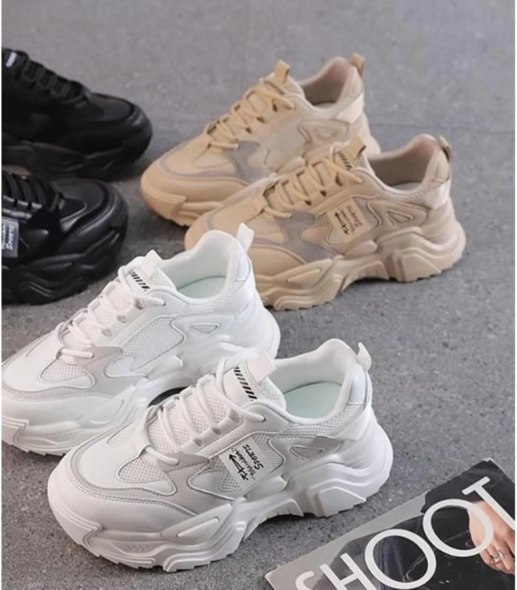 Women's Fashion Dad Sneakers - Chunky Platform Running Shoes in Beige or White with Breathable Mesh Design
