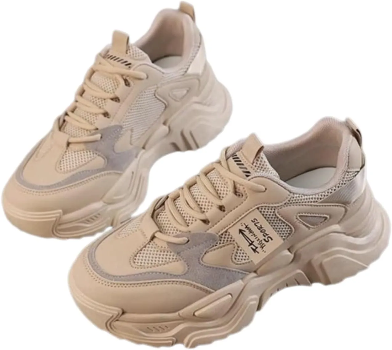 Women's Fashion Dad Sneakers - Chunky Platform Running Shoes in Beige or White with Breathable Mesh Design