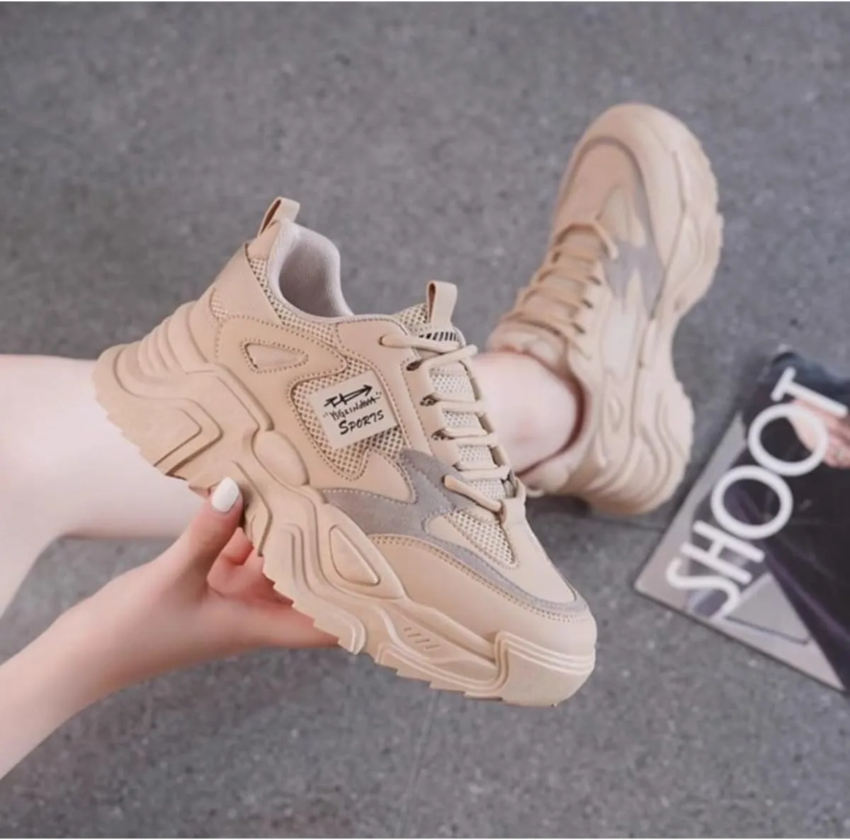 Women's Fashion Dad Sneakers - Chunky Platform Running Shoes in Beige or White with Breathable Mesh Design