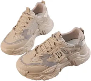 Women's Fashion Dad Sneakers - Chunky Platform Running Shoes in Beige or White with Breathable Mesh Design