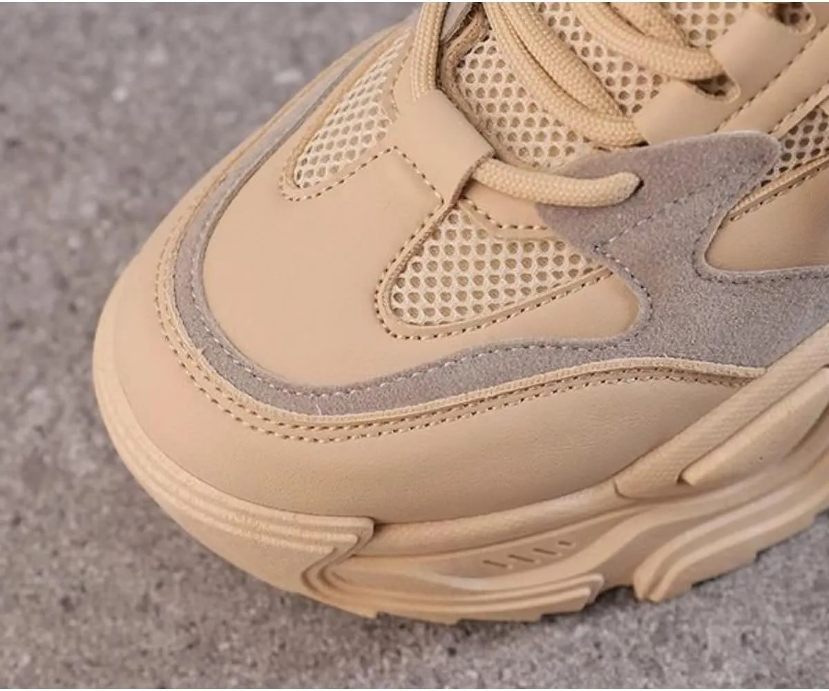 Women's Fashion Dad Sneakers - Chunky Platform Running Shoes in Beige or White with Breathable Mesh Design