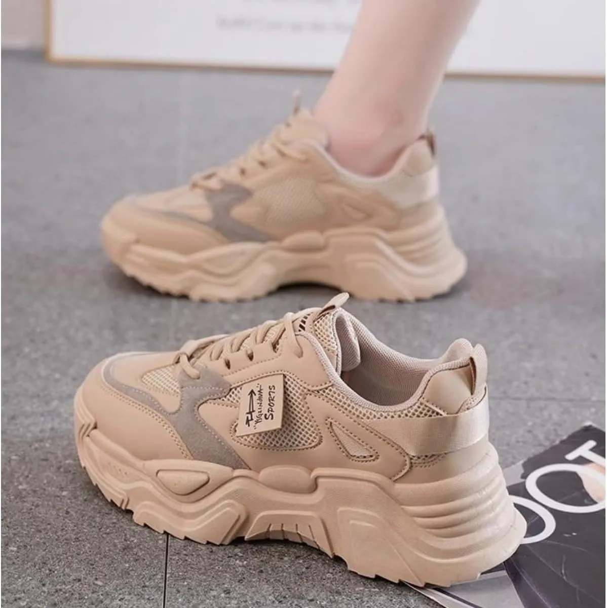 Women's Fashion Dad Sneakers - Chunky Platform Running Shoes in Beige or White with Breathable Mesh Design