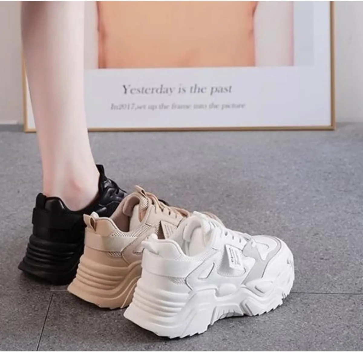 Women's Fashion Dad Sneakers - Chunky Platform Running Shoes in Beige or White with Breathable Mesh Design