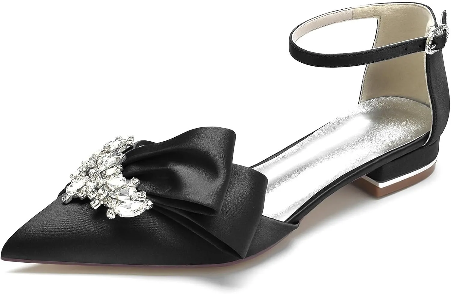 Women's Flats Pointed Toe Pumps, Diamond Low Block Heel Ankle Strap Sandals Casual Dress Wedding Flats Shoes