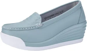 Women's Leather Breathable Wedge Heel Nurse Loafers Comfortable Round Toe Platform Non-Slip Hollow Breathable Slip-On Work Shoes Mother Shoes