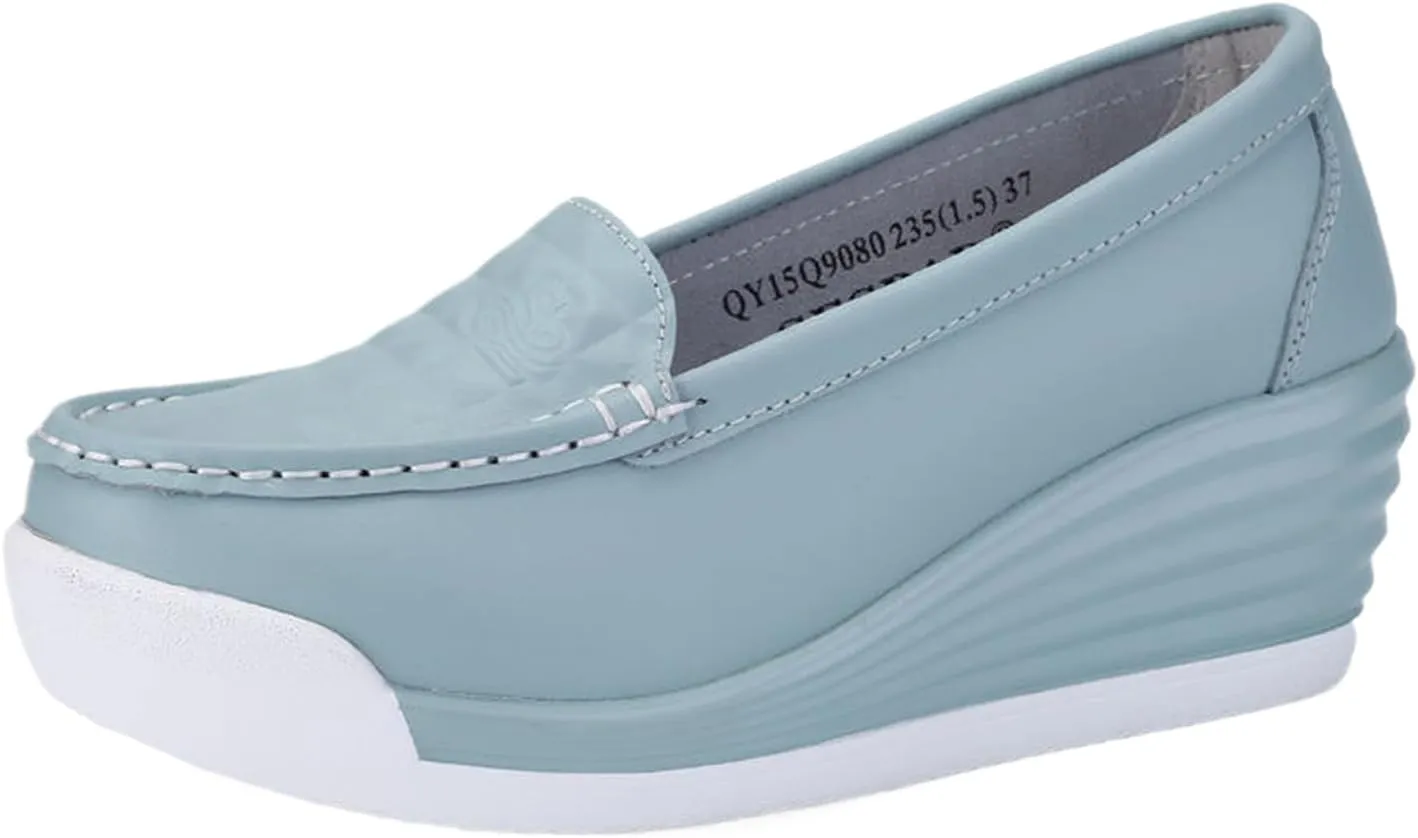 Women's Leather Breathable Wedge Heel Nurse Loafers Comfortable Round Toe Platform Non-Slip Hollow Breathable Slip-On Work Shoes Mother Shoes