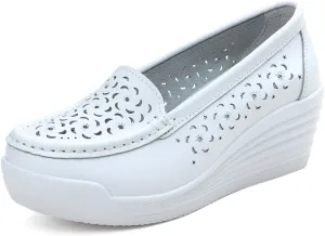 Women's Leather Breathable Wedge Heel Nurse Loafers Comfortable Round Toe Platform Non-Slip Hollow Breathable Slip-On Work Shoes Mother Shoes