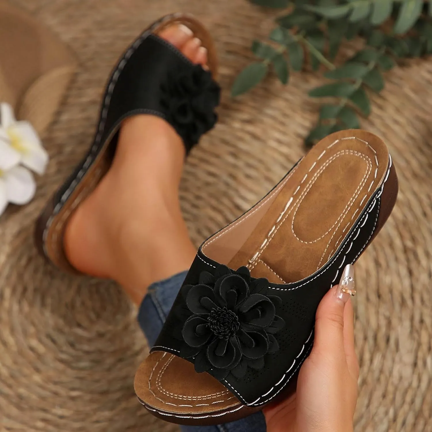 Women's Memory Foam Platform Slides Sandals Breathable Arch Support Walking Shoes, Open-Toe Wedge Beach Sandals with Cushioning