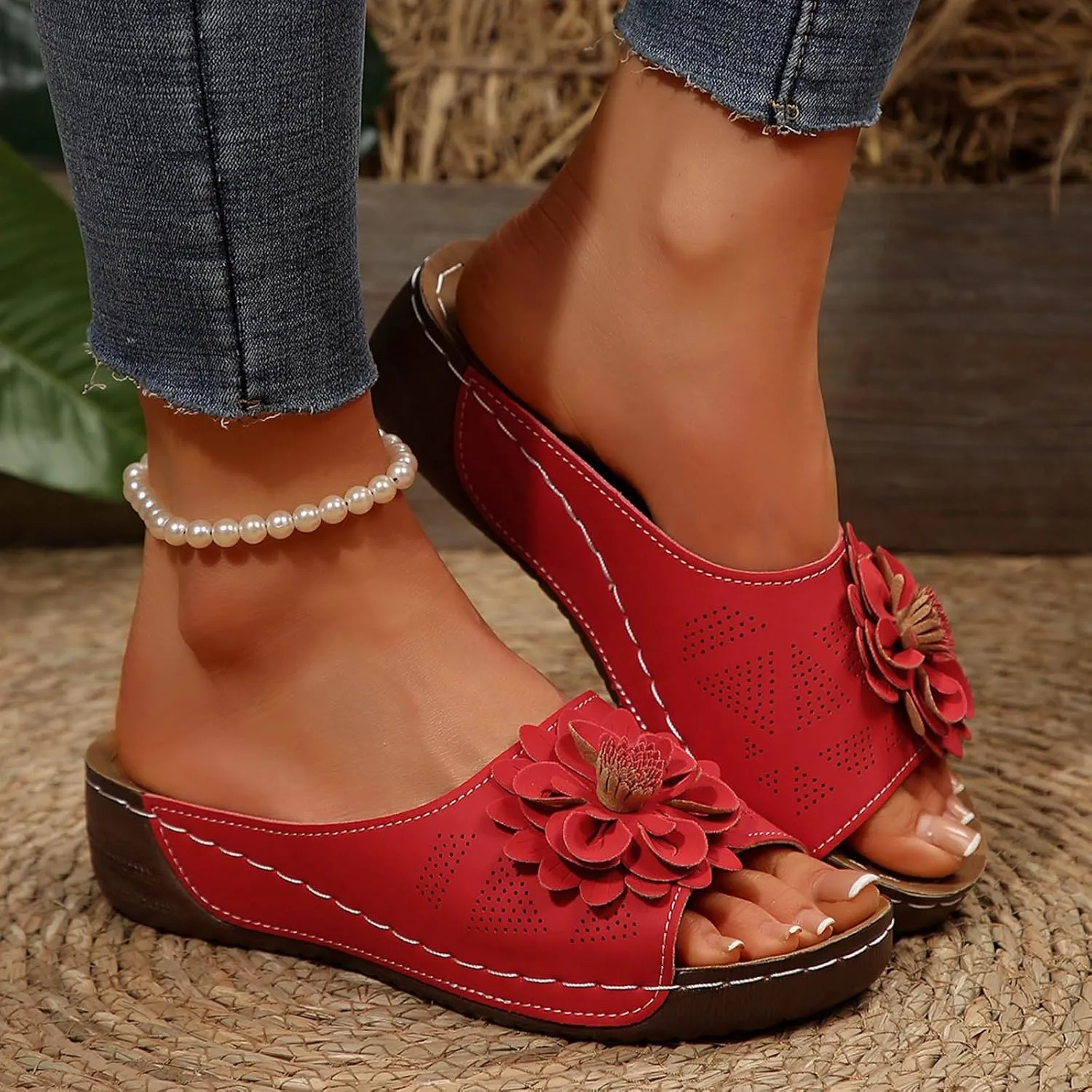 Women's Memory Foam Platform Slides Sandals Breathable Arch Support Walking Shoes, Open-Toe Wedge Beach Sandals with Cushioning