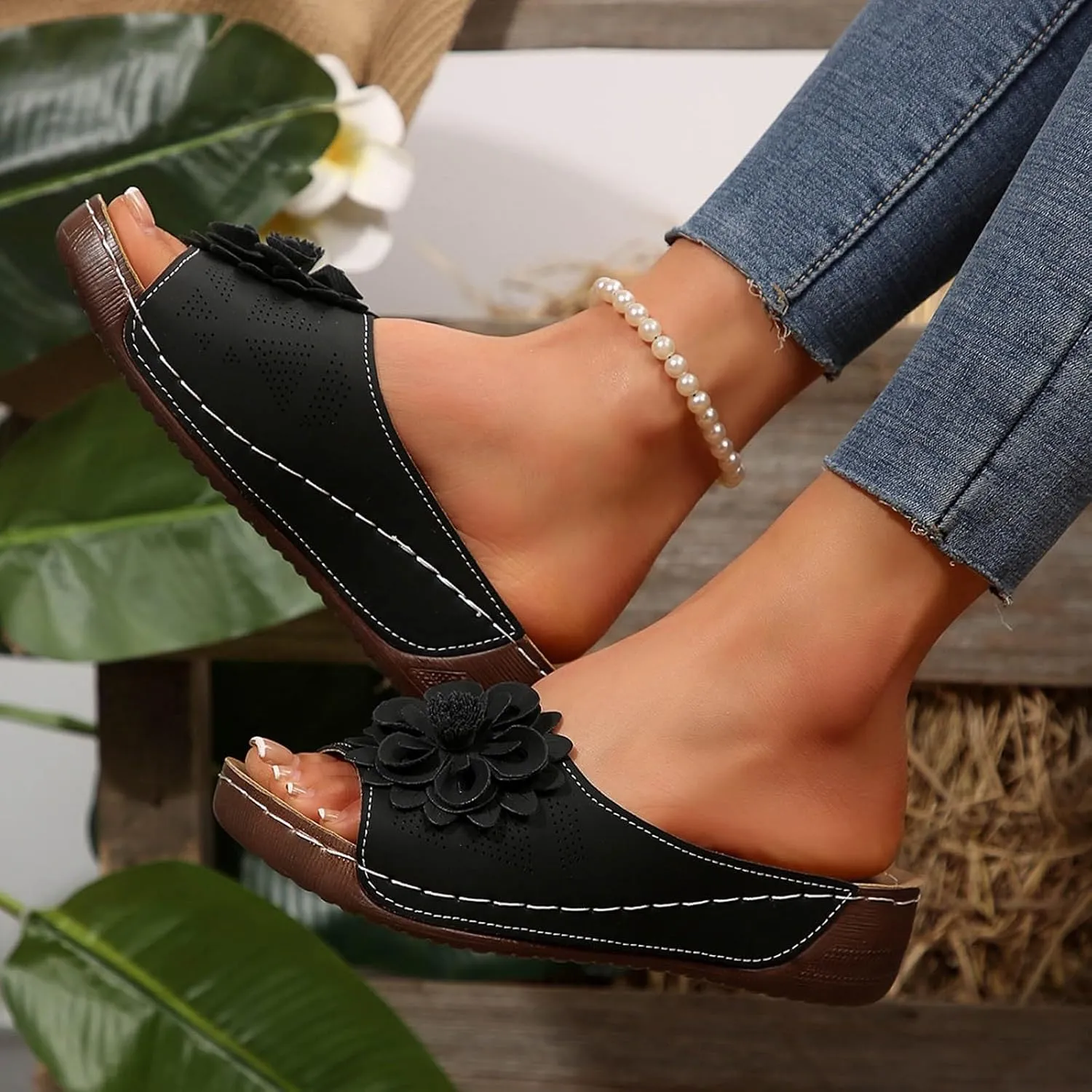 Women's Memory Foam Platform Slides Sandals Breathable Arch Support Walking Shoes, Open-Toe Wedge Beach Sandals with Cushioning