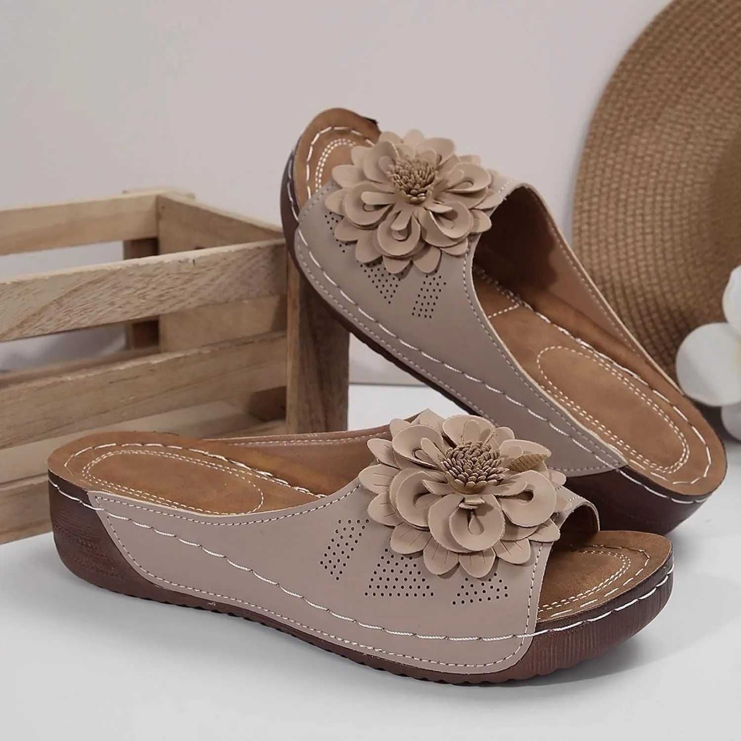 Women's Memory Foam Platform Slides Sandals Breathable Arch Support Walking Shoes, Open-Toe Wedge Beach Sandals with Cushioning
