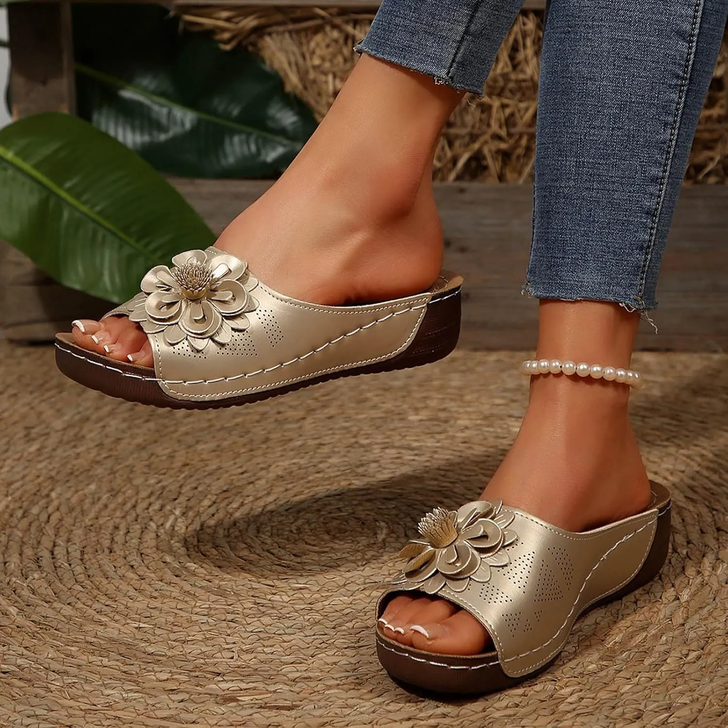 Women's Memory Foam Platform Slides Sandals Breathable Arch Support Walking Shoes, Open-Toe Wedge Beach Sandals with Cushioning