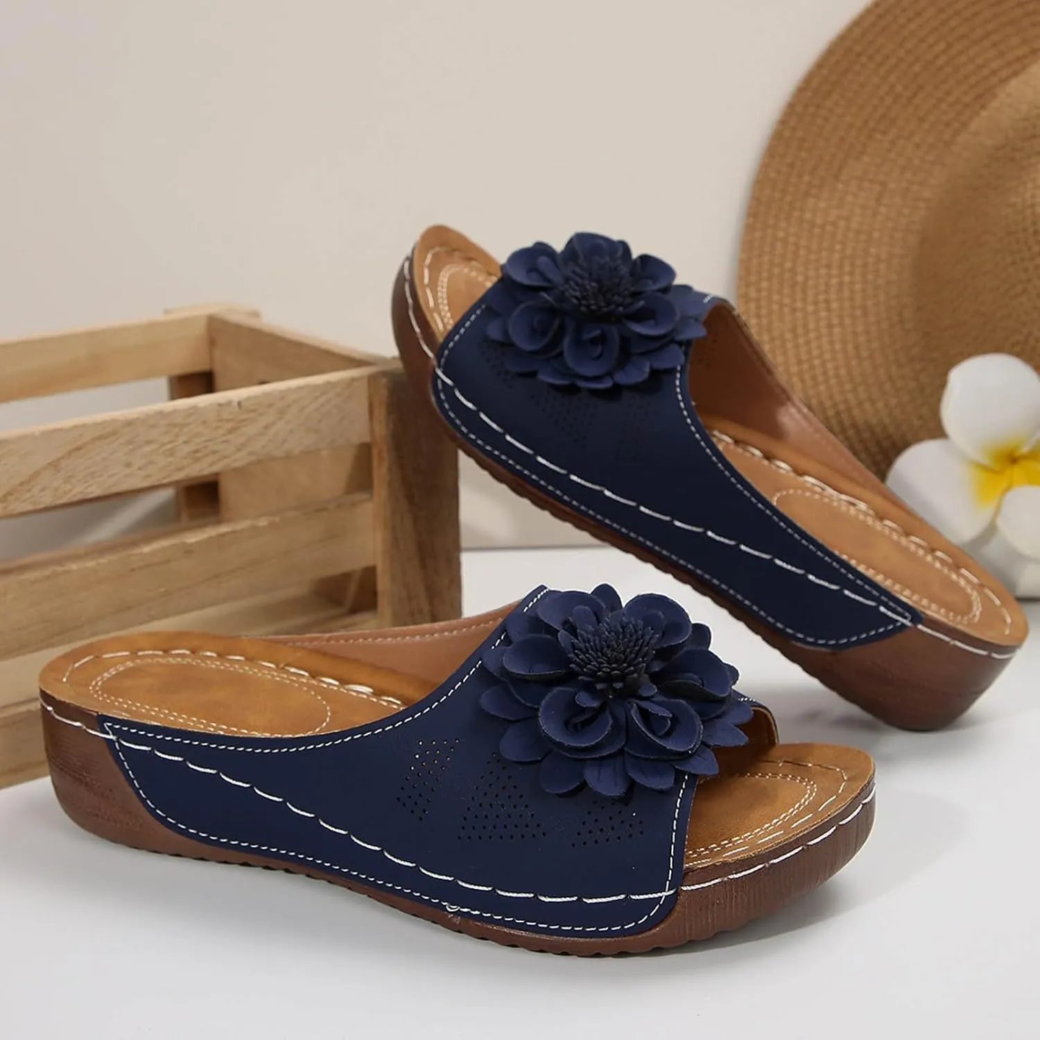 Women's Memory Foam Platform Slides Sandals Breathable Arch Support Walking Shoes, Open-Toe Wedge Beach Sandals with Cushioning