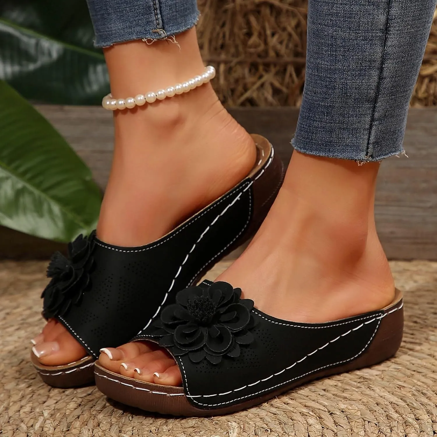 Women's Memory Foam Platform Slides Sandals Breathable Arch Support Walking Shoes, Open-Toe Wedge Beach Sandals with Cushioning