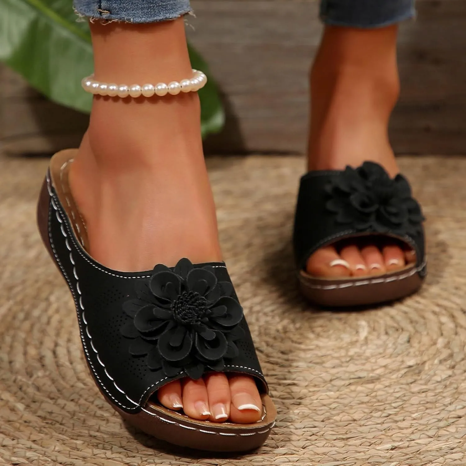 Women's Memory Foam Platform Slides Sandals Breathable Arch Support Walking Shoes, Open-Toe Wedge Beach Sandals with Cushioning