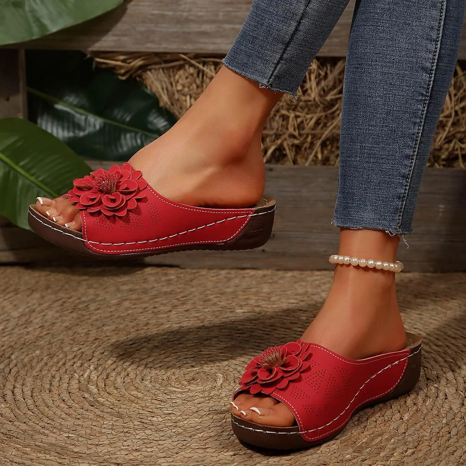 Women's Memory Foam Platform Slides Sandals Breathable Arch Support Walking Shoes, Open-Toe Wedge Beach Sandals with Cushioning