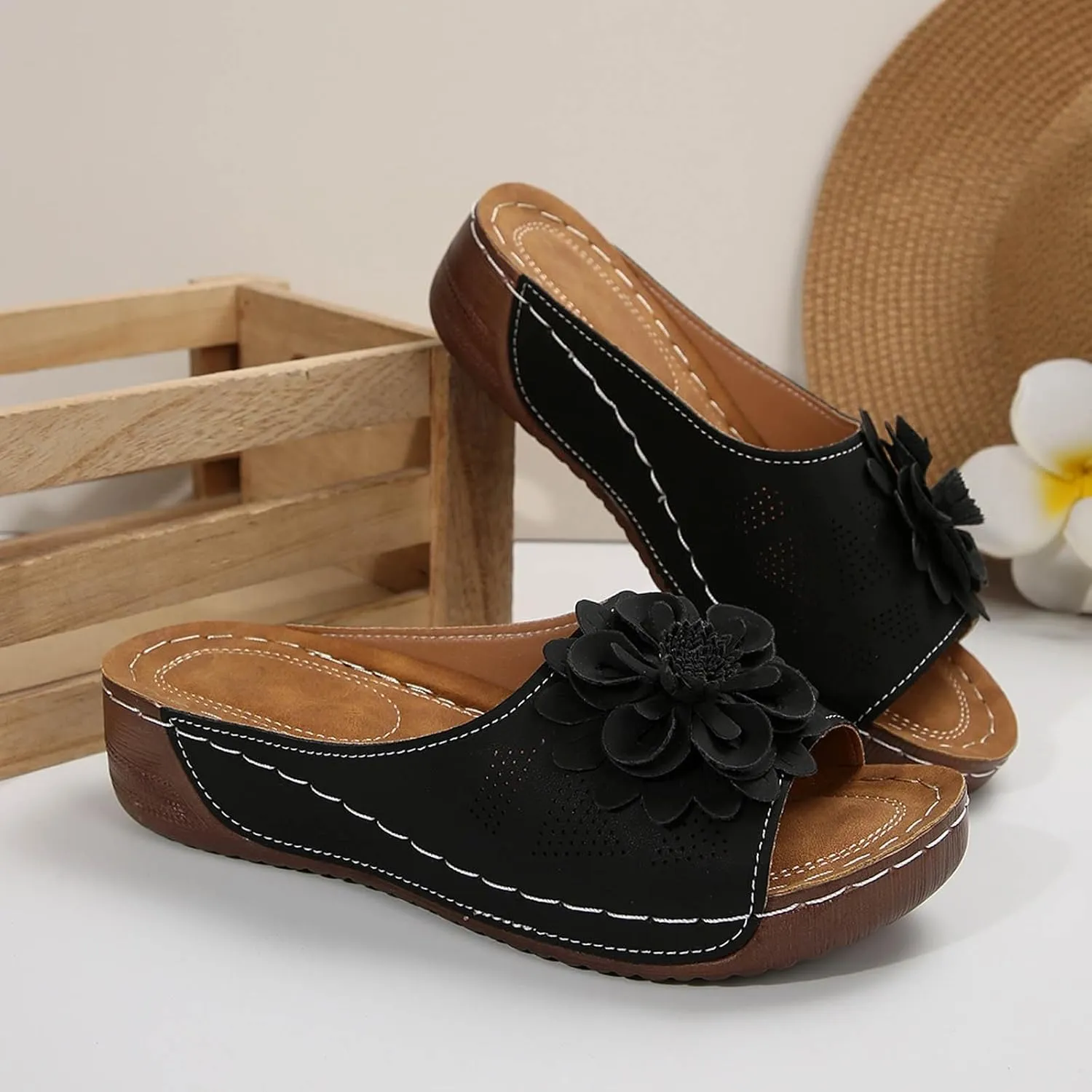 Women's Memory Foam Platform Slides Sandals Breathable Arch Support Walking Shoes, Open-Toe Wedge Beach Sandals with Cushioning