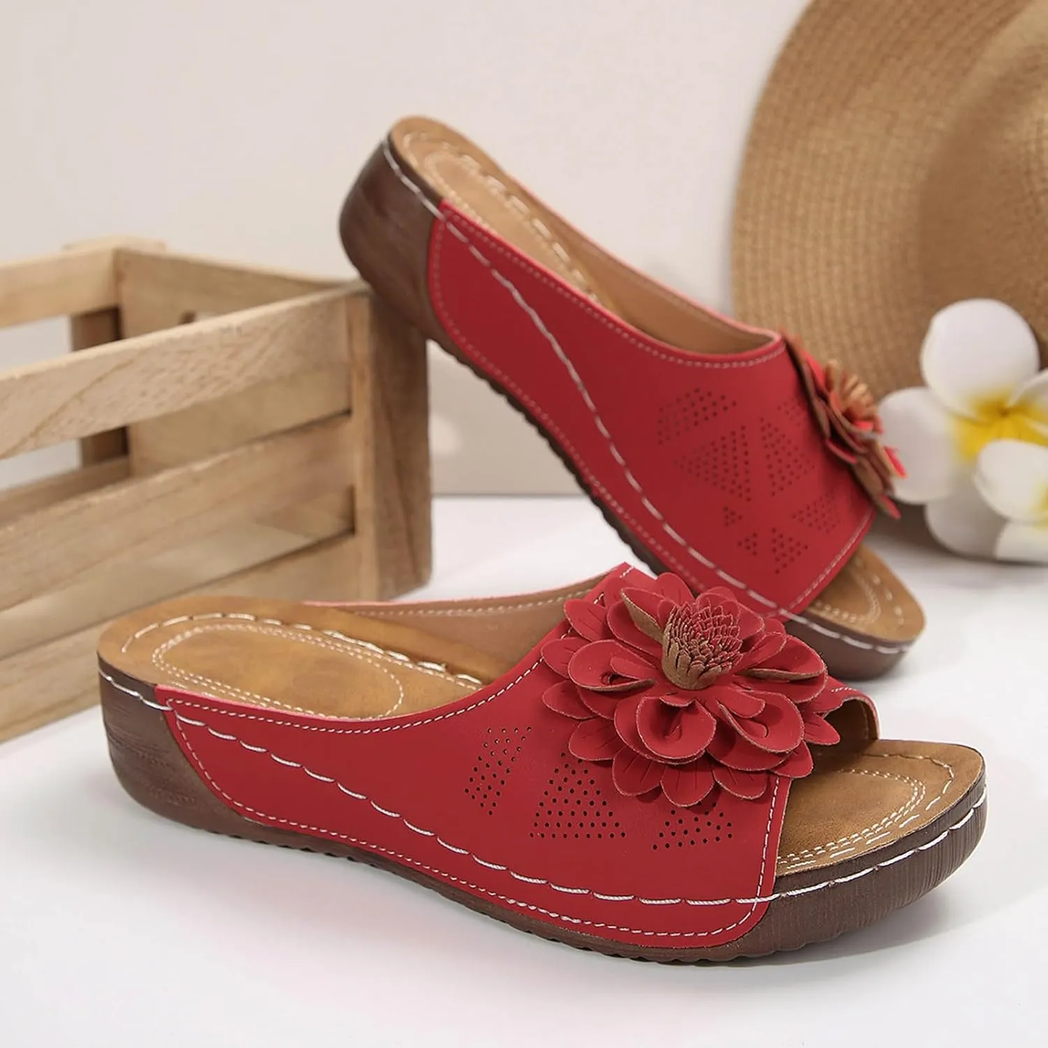Women's Memory Foam Platform Slides Sandals Breathable Arch Support Walking Shoes, Open-Toe Wedge Beach Sandals with Cushioning