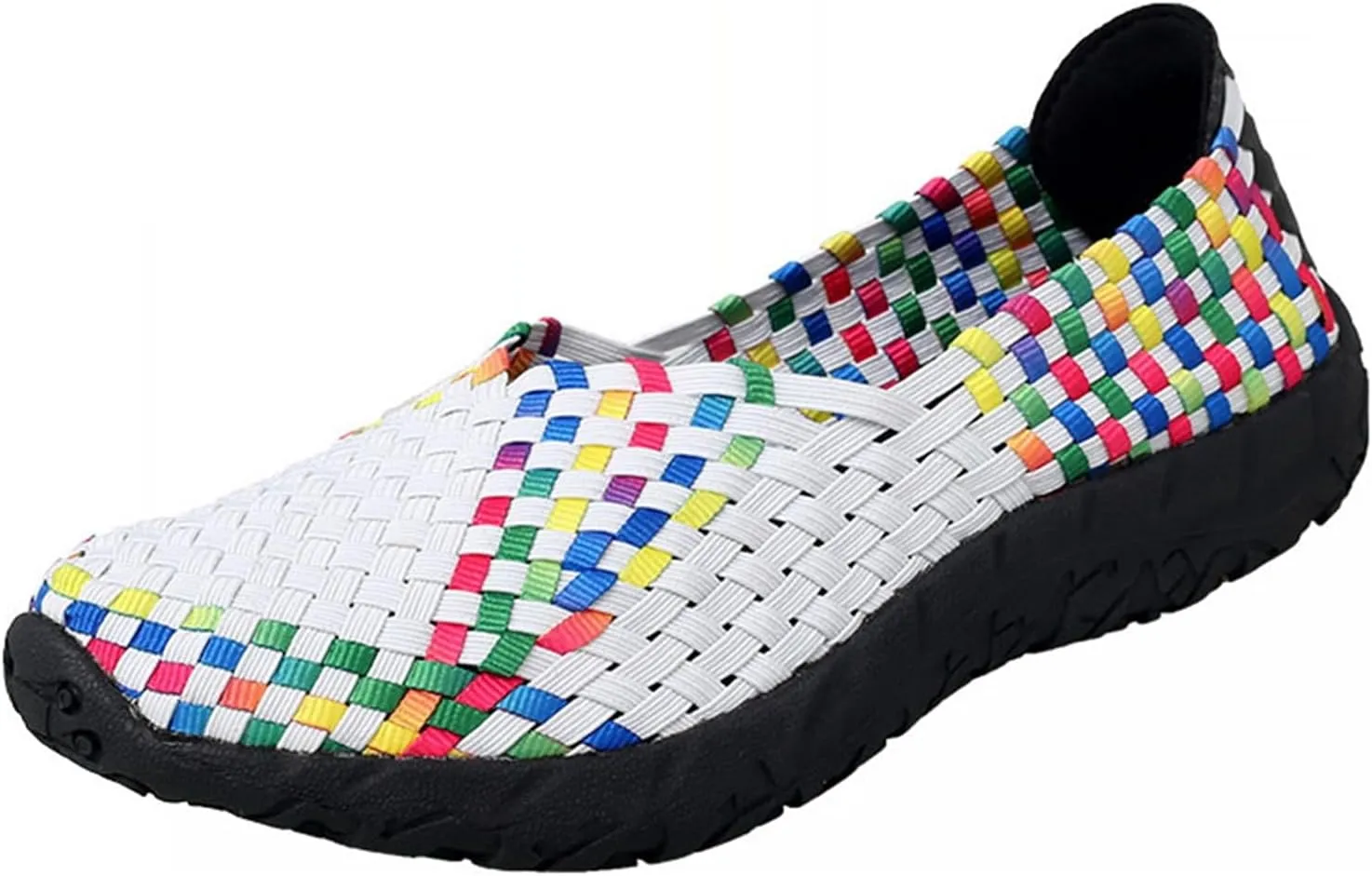 Women's Sidewalk Slip on Flat Elastic Woven Walking Shoes Lightweight Breathable Mesh Walking Sneakers Running Shoes