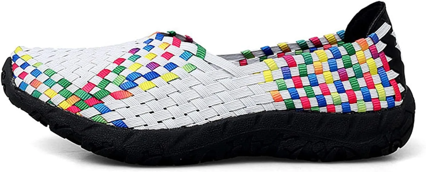 Women's Sidewalk Slip on Flat Elastic Woven Walking Shoes Lightweight Breathable Mesh Walking Sneakers Running Shoes
