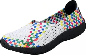 Women's Sidewalk Slip on Flat Elastic Woven Walking Shoes Lightweight Breathable Mesh Walking Sneakers Running Shoes