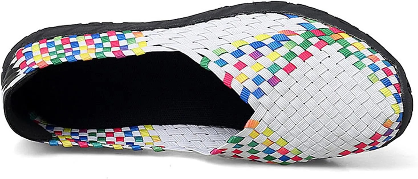 Women's Sidewalk Slip on Flat Elastic Woven Walking Shoes Lightweight Breathable Mesh Walking Sneakers Running Shoes